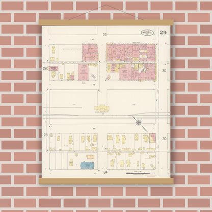 Old map wall art mockup — magnetic wood frame on brick wall — Sanborn Fire Insurance Map from Modesto, Stanislaus County, California (1919), Sheet #0029