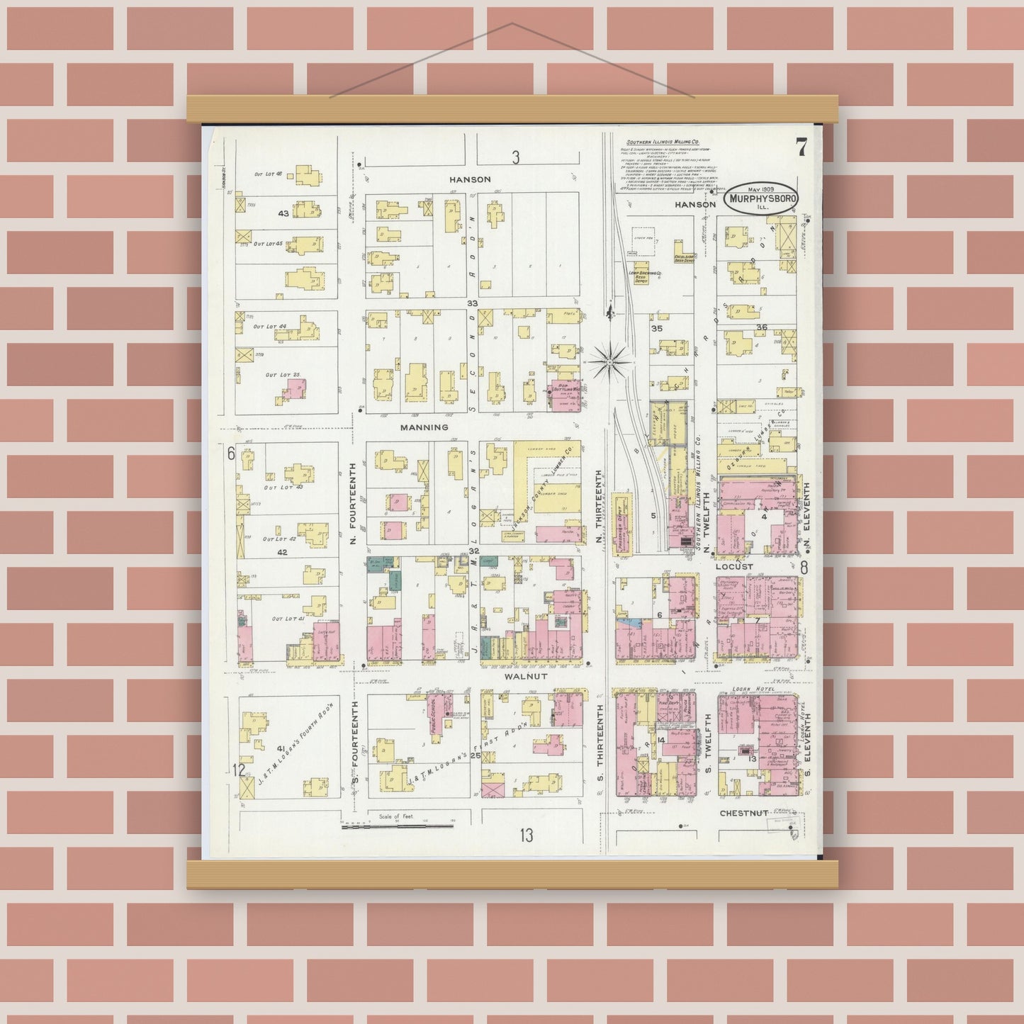 Old map wall art mockup — magnetic wood frame on brick wall — Sanborn Fire Insurance Map from Murphysboro, Jackson County, Illinois (1909), Sheet #0007