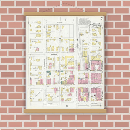 Old map wall art mockup — magnetic wood frame on brick wall — Sanborn Fire Insurance Map from Murphysboro, Jackson County, Illinois (1909), Sheet #0007