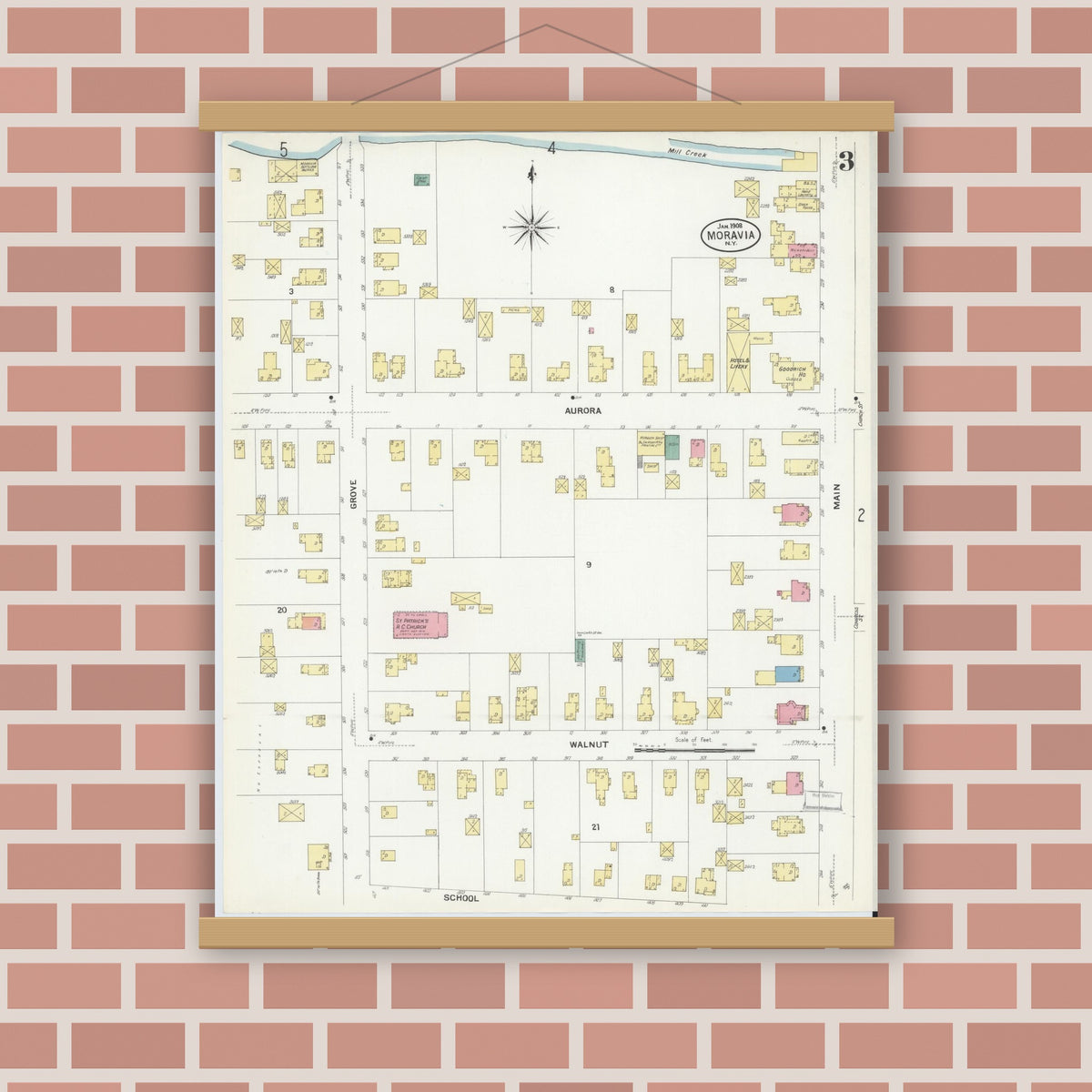 Old map wall art mockup — magnetic wood frame on brick wall — Sanborn Fire Insurance Map from Moravia, Cayuga County, New York (1908), Sheet #0003