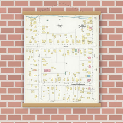 Old map wall art mockup — magnetic wood frame on brick wall — Sanborn Fire Insurance Map from Moravia, Cayuga County, New York (1908), Sheet #0003