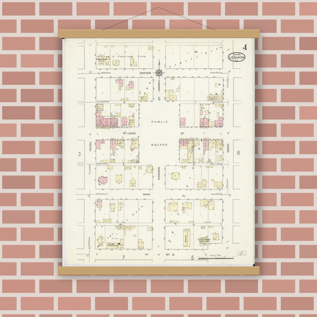 Old map wall art mockup — magnetic wood frame on brick wall — Sanborn Fire Insurance Map from Lebanon, Saint Clair County, Illinois (1914), Sheet #0004