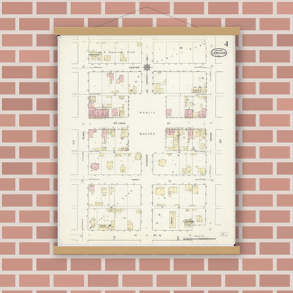 Old map wall art mockup — magnetic wood frame on brick wall — Sanborn Fire Insurance Map from Lebanon, Saint Clair County, Illinois (1914), Sheet #0004