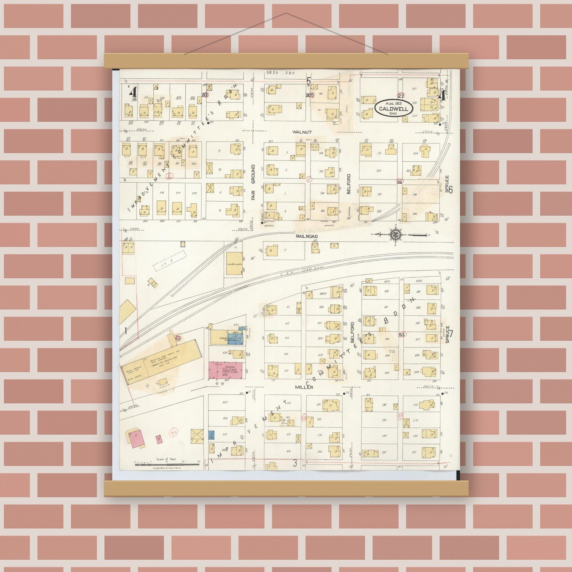 Old map wall art mockup — magnetic wood frame on brick wall — Sanborn Fire Insurance Map from Caldwell, Noble County, Ohio (1932), Sheet #0004