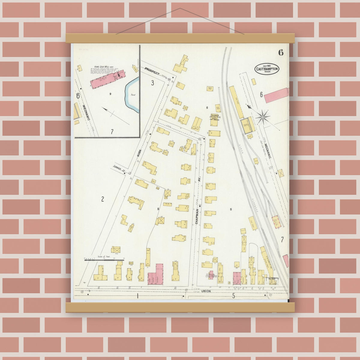 Old map wall art mockup — magnetic wood frame on brick wall — Sanborn Fire Insurance Map from East Hampton, Hampshire County, Massachusetts (1902), Sheet #0006