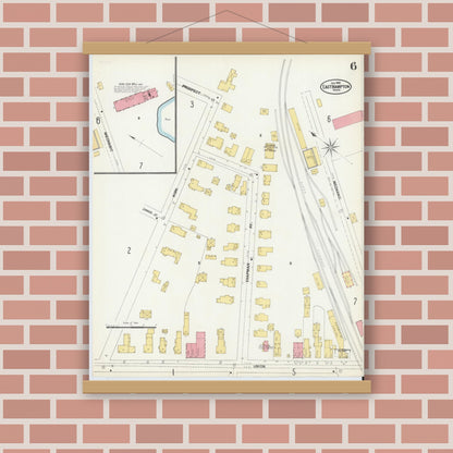 Old map wall art mockup — magnetic wood frame on brick wall — Sanborn Fire Insurance Map from East Hampton, Hampshire County, Massachusetts (1902), Sheet #0006