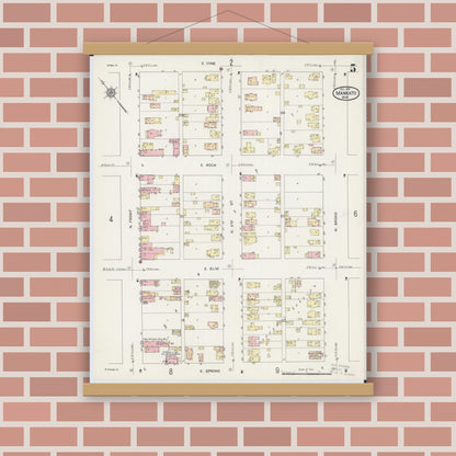 Old map wall art mockup — magnetic wood frame on brick wall — Sanborn Fire Insurance Map from Mankato, Blue Earth County, Minnesota (1914), Sheet #0005