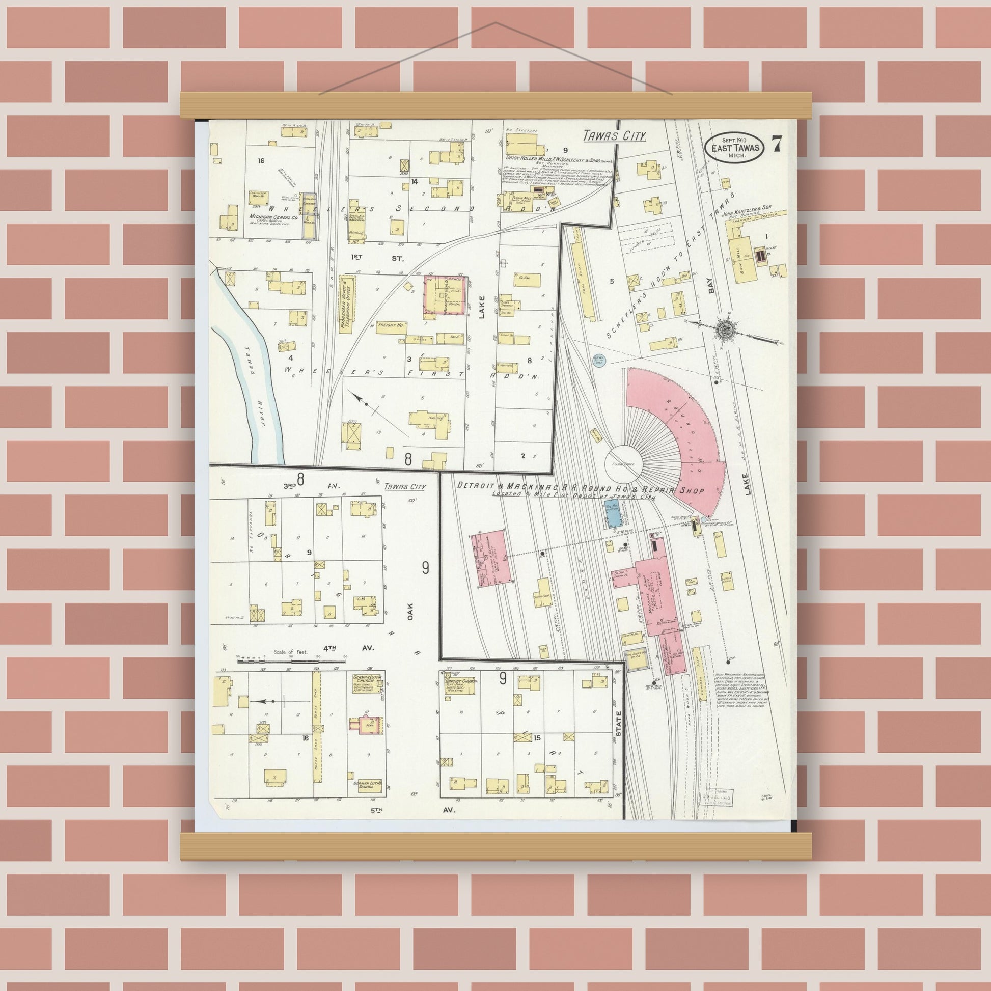 Old map wall art mockup — magnetic wood frame on brick wall — Sanborn Fire Insurance Map from East Tawas, Iosco County, Michigan (1910), Sheet #0007