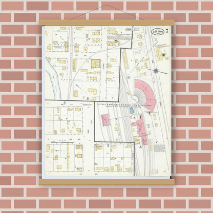 Old map wall art mockup — magnetic wood frame on brick wall — Sanborn Fire Insurance Map from East Tawas, Iosco County, Michigan (1910), Sheet #0007