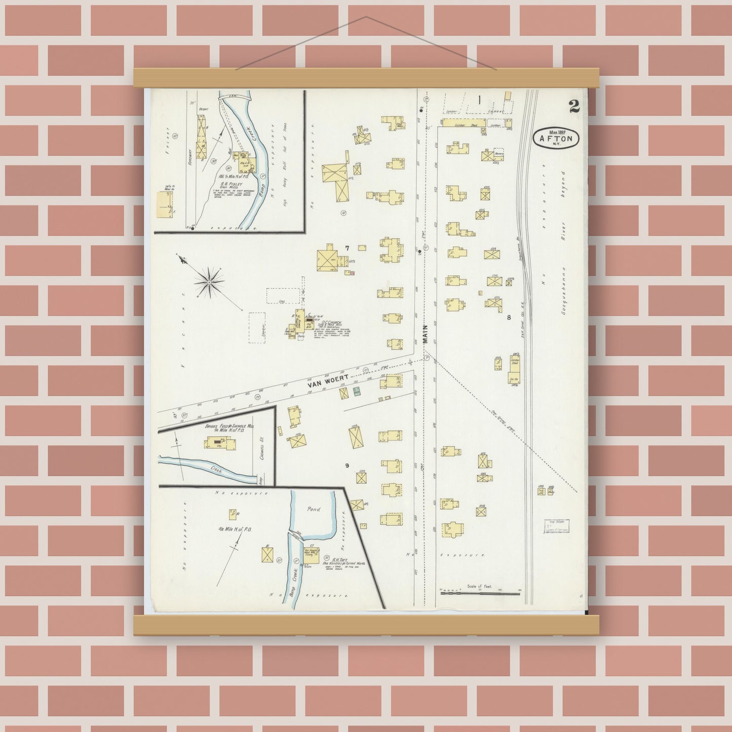 Old map wall art mockup — magnetic wood frame on brick wall — Sanborn Fire Insurance Map from Afton, Chenango County, New York (1897), Sheet #0002