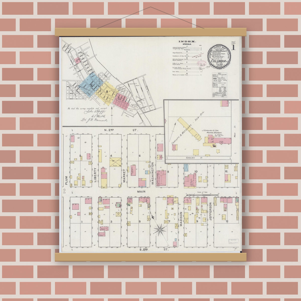 Old map wall art mockup — magnetic wood frame on brick wall — Sanborn Fire Insurance Map from Columbia, Monroe County, Illinois (1894), Sheet #0001