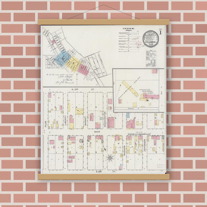 Old map wall art mockup — magnetic wood frame on brick wall — Sanborn Fire Insurance Map from Columbia, Monroe County, Illinois (1894), Sheet #0001
