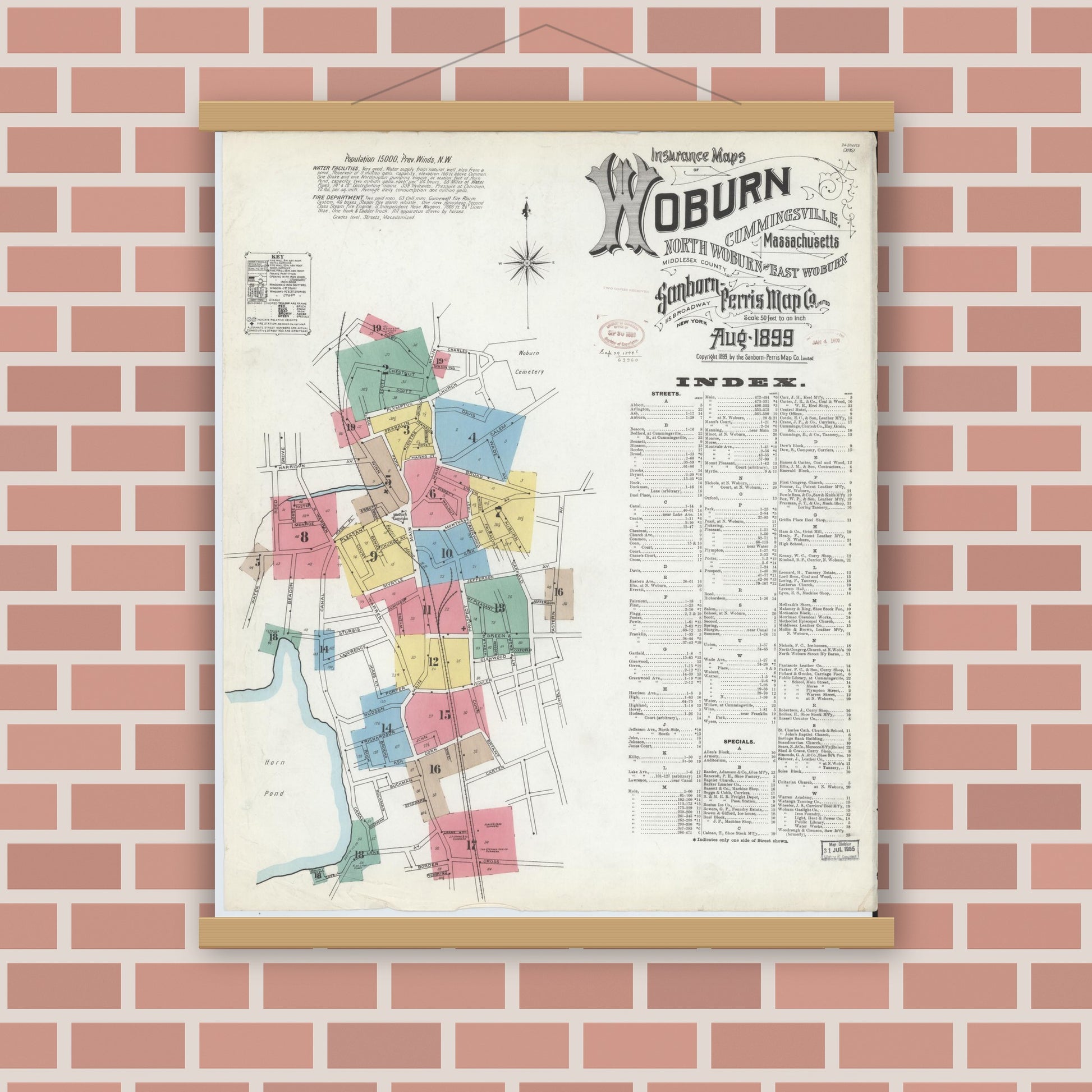 Old map wall art mockup — magnetic wood frame on brick wall — Sanborn Fire Insurance Map from Woburn, Middlesex County, Massachusetts (1899) - Complete Map Set