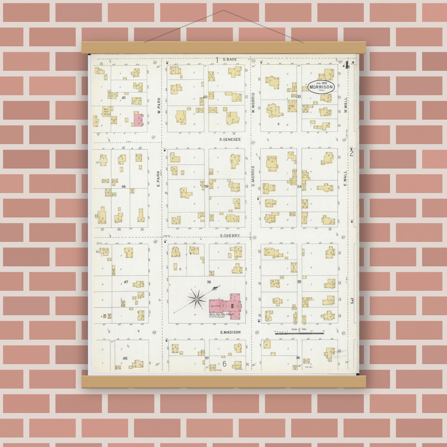 Old map wall art mockup — magnetic wood frame on brick wall — Sanborn Fire Insurance Map from Morrison, Whiteside County, Illinois (1903), Sheet #0004