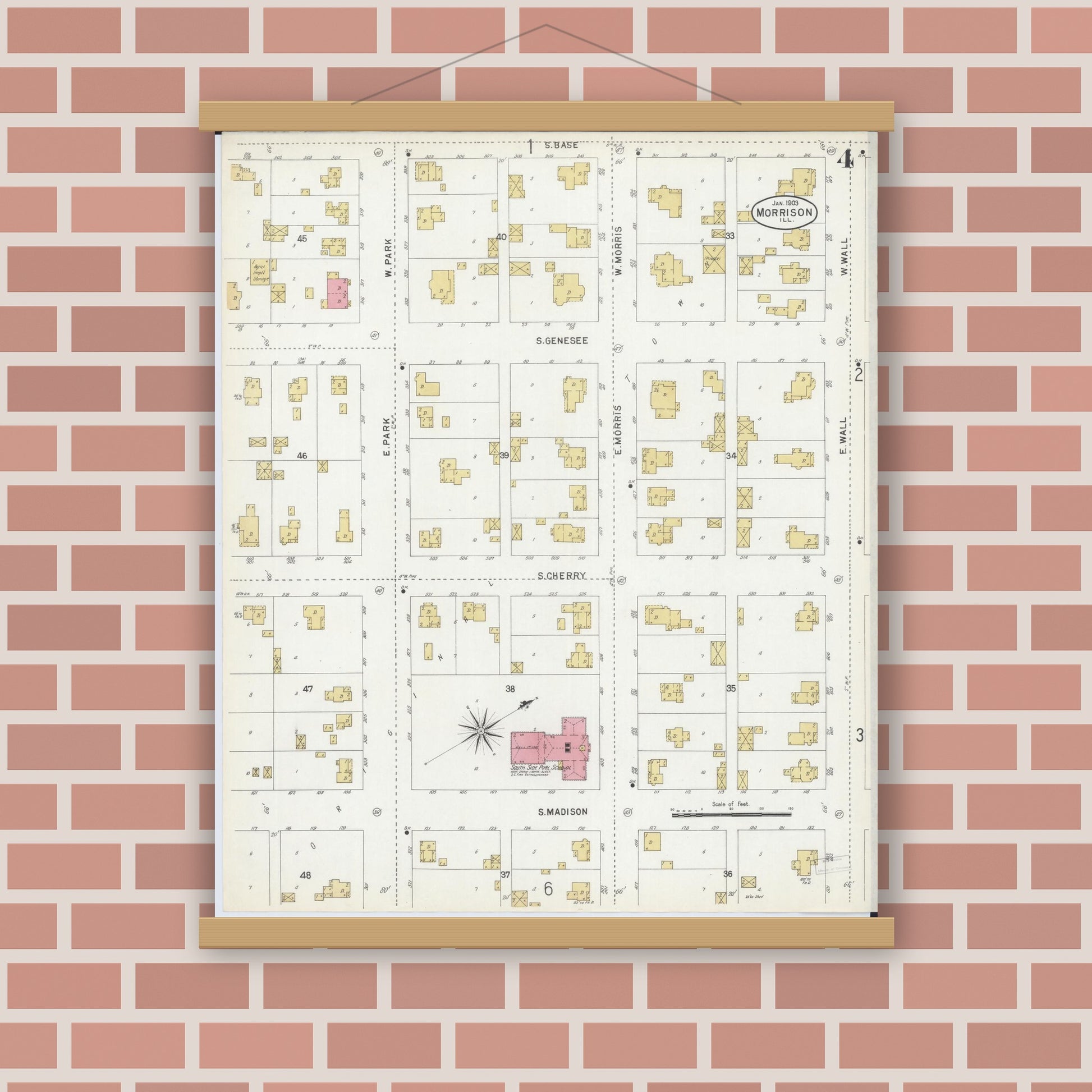 Old map wall art mockup — magnetic wood frame on brick wall — Sanborn Fire Insurance Map from Morrison, Whiteside County, Illinois (1903), Sheet #0004