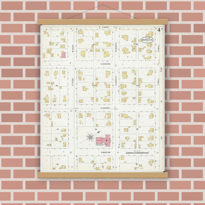 Old map wall art mockup — magnetic wood frame on brick wall — Sanborn Fire Insurance Map from Morrison, Whiteside County, Illinois (1903), Sheet #0004