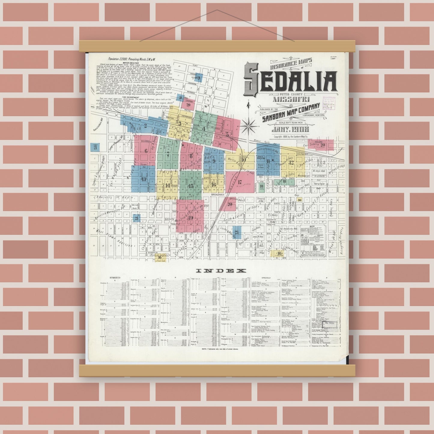 Old map wall art mockup — magnetic wood frame on brick wall — Sanborn Fire Insurance Map from Sedalia, Pettis County, Missouri (1908) - Complete Map Set