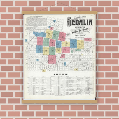Old map wall art mockup — magnetic wood frame on brick wall — Sanborn Fire Insurance Map from Sedalia, Pettis County, Missouri (1908) - Complete Map Set