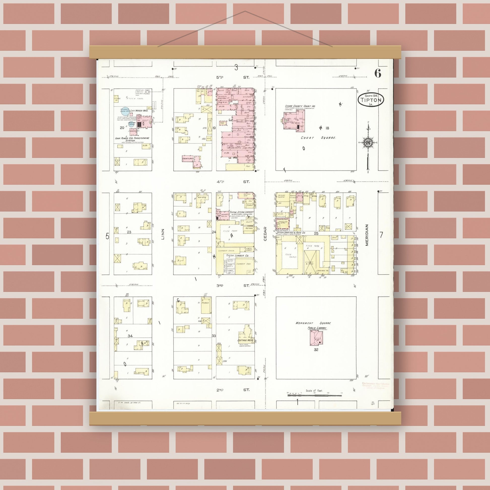 Old map wall art mockup — magnetic wood frame on brick wall — Sanborn Fire Insurance Map from Tipton, Cedar County, Iowa (1914), Sheet #0006