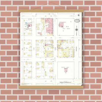 Old map wall art mockup — magnetic wood frame on brick wall — Sanborn Fire Insurance Map from Tipton, Cedar County, Iowa (1914), Sheet #0006