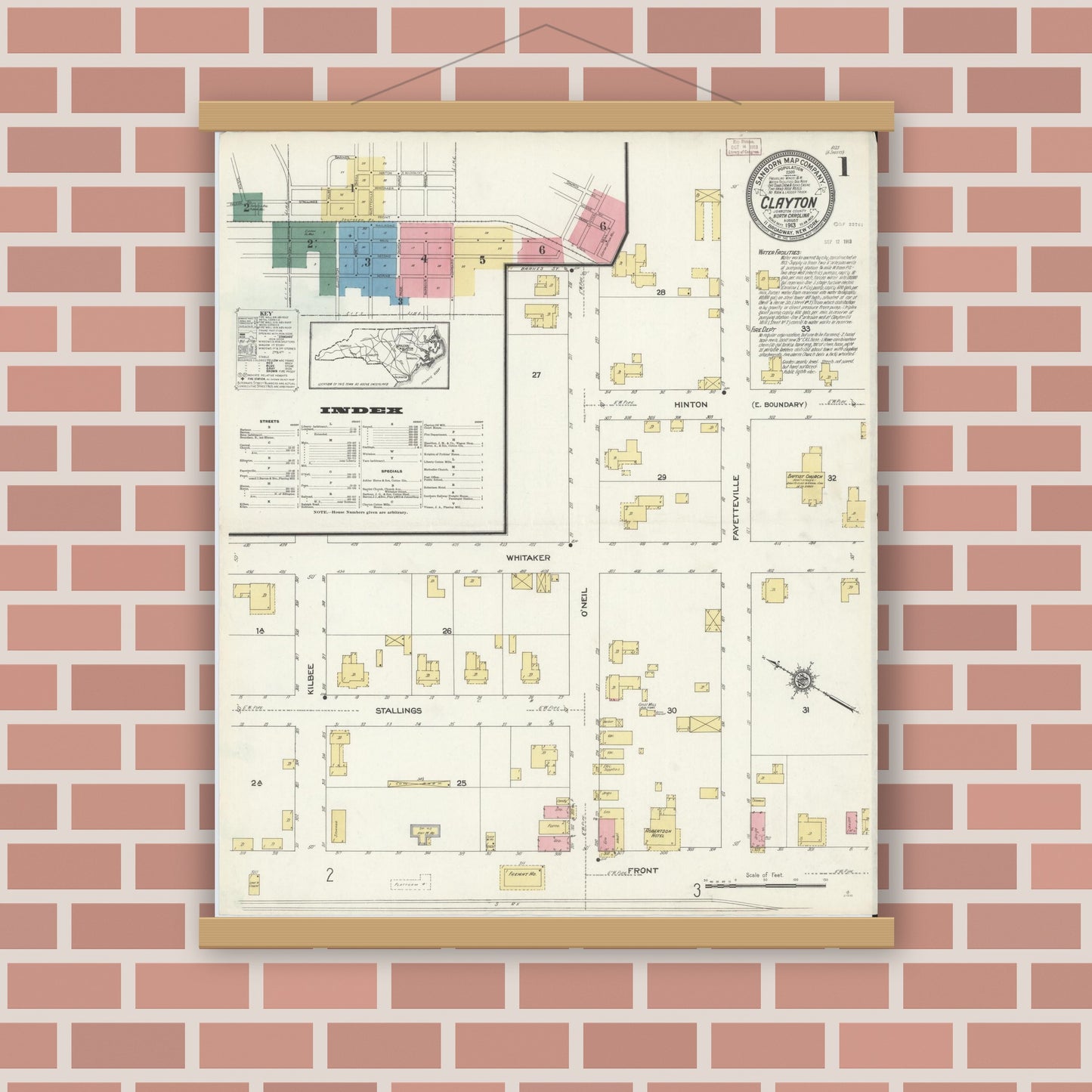 Old map wall art mockup — magnetic wood frame on brick wall — Sanborn Fire Insurance Map from Clayton, Johnston County, North Carolina (1913) - Complete Map Set