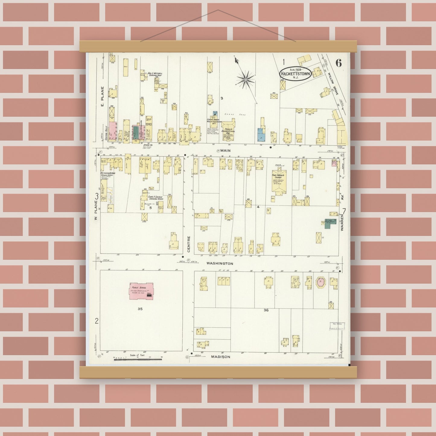 Old map wall art mockup — magnetic wood frame on brick wall — Sanborn Fire Insurance Map from Hackettstown, Warren County, New Jersey (1909), Sheet #0006