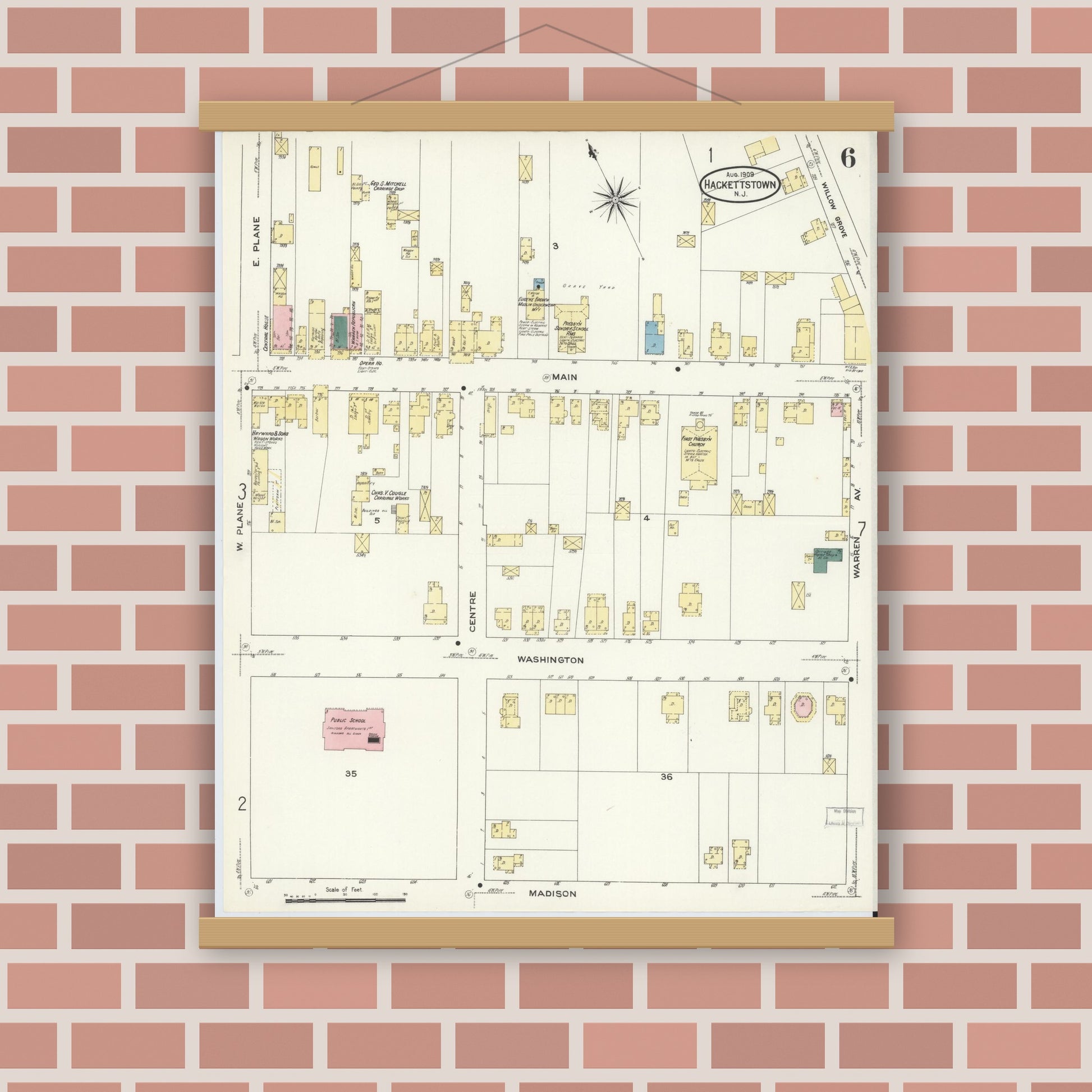 Old map wall art mockup — magnetic wood frame on brick wall — Sanborn Fire Insurance Map from Hackettstown, Warren County, New Jersey (1909), Sheet #0006