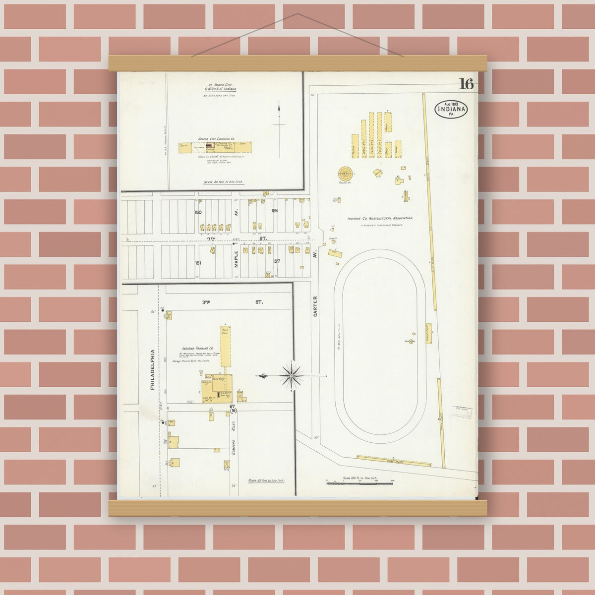 Old map wall art mockup — magnetic wood frame on brick wall — Sanborn Fire Insurance Map from Indiana, Indiana County, Pennsylvania (1903), Sheet #0016