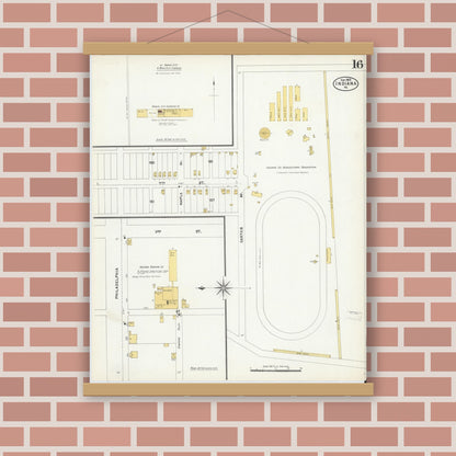Old map wall art mockup — magnetic wood frame on brick wall — Sanborn Fire Insurance Map from Indiana, Indiana County, Pennsylvania (1903), Sheet #0016