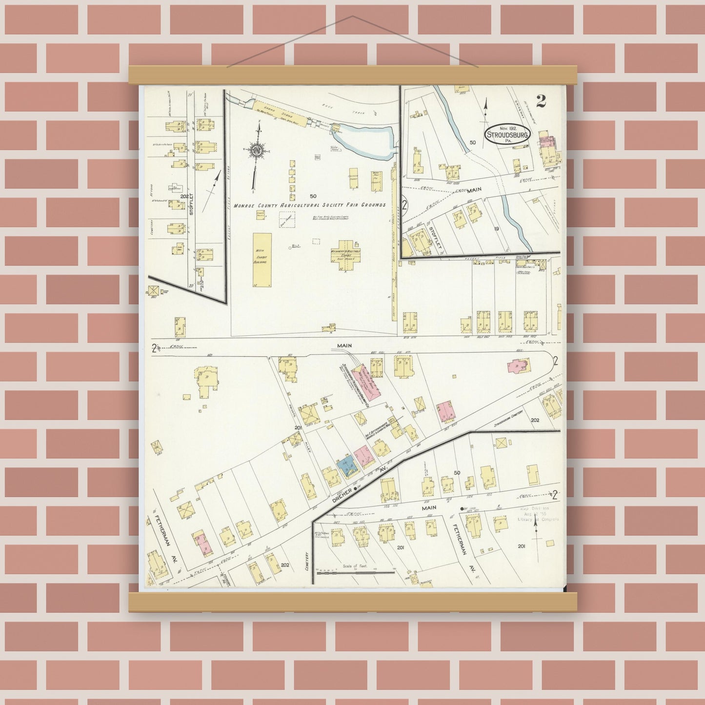 Old map wall art mockup — magnetic wood frame on brick wall — Sanborn Fire Insurance Map from Stroudsburg, Monroe County, Pennsylvania (1912), Sheet #0002