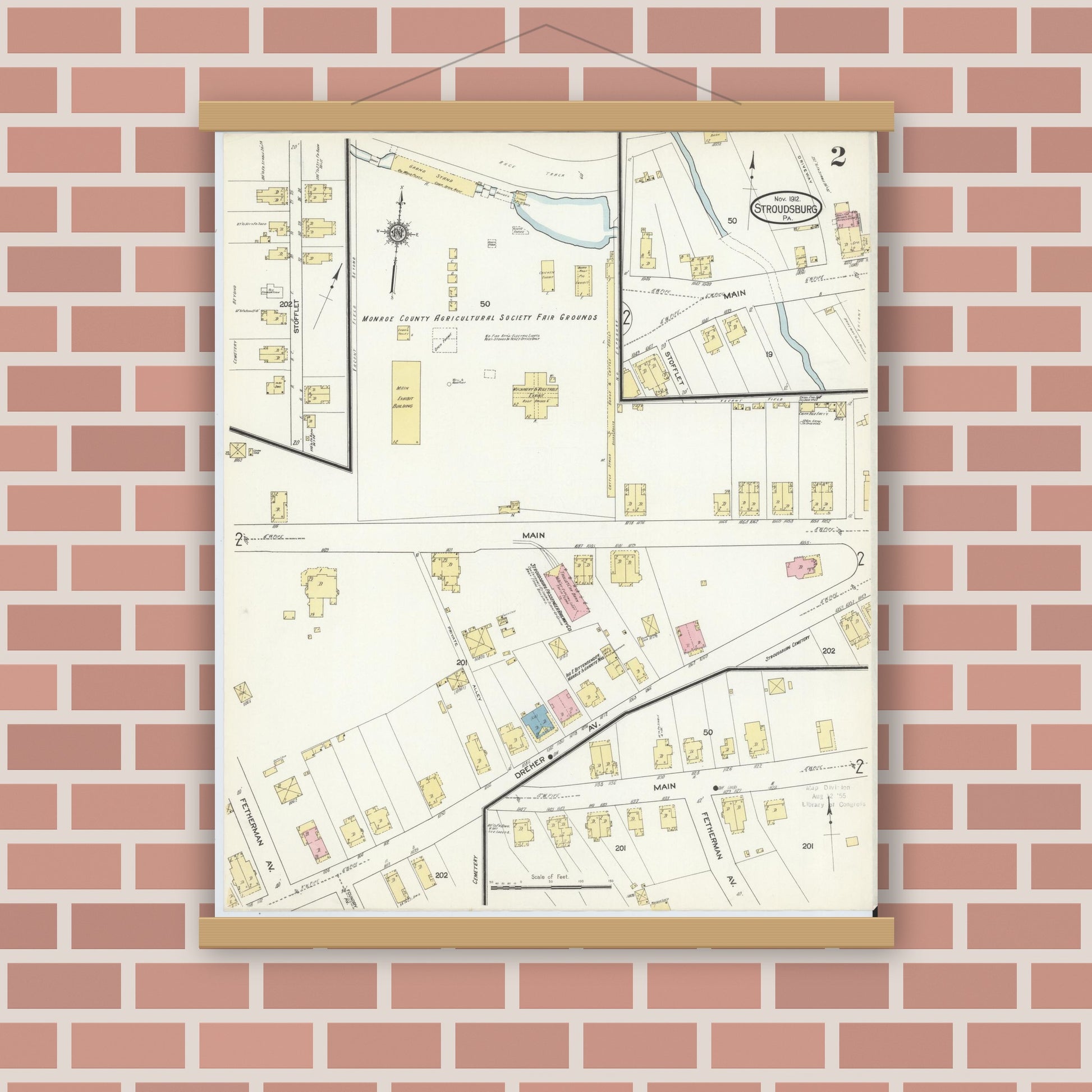 Old map wall art mockup — magnetic wood frame on brick wall — Sanborn Fire Insurance Map from Stroudsburg, Monroe County, Pennsylvania (1912), Sheet #0002