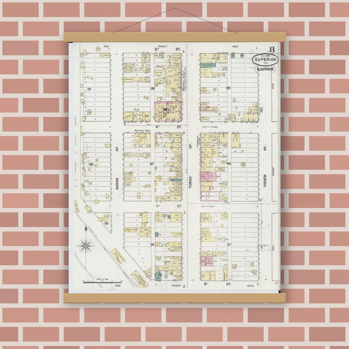 Old map wall art mockup — magnetic wood frame on brick wall — Sanborn Fire Insurance Map from Superior, Douglas County, Wisconsin (1889), Sheet #0008