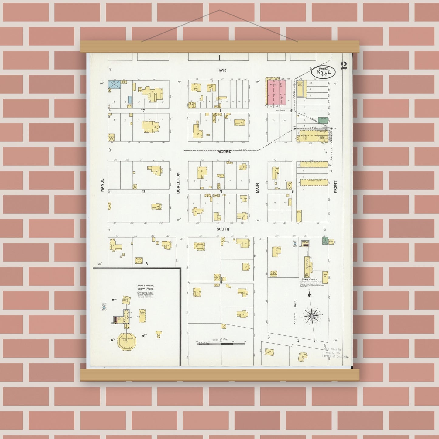 Old map wall art mockup — magnetic wood frame on brick wall — Sanborn Fire Insurance Map from Kyle, Hays County, Texas (1902), Sheet #0002