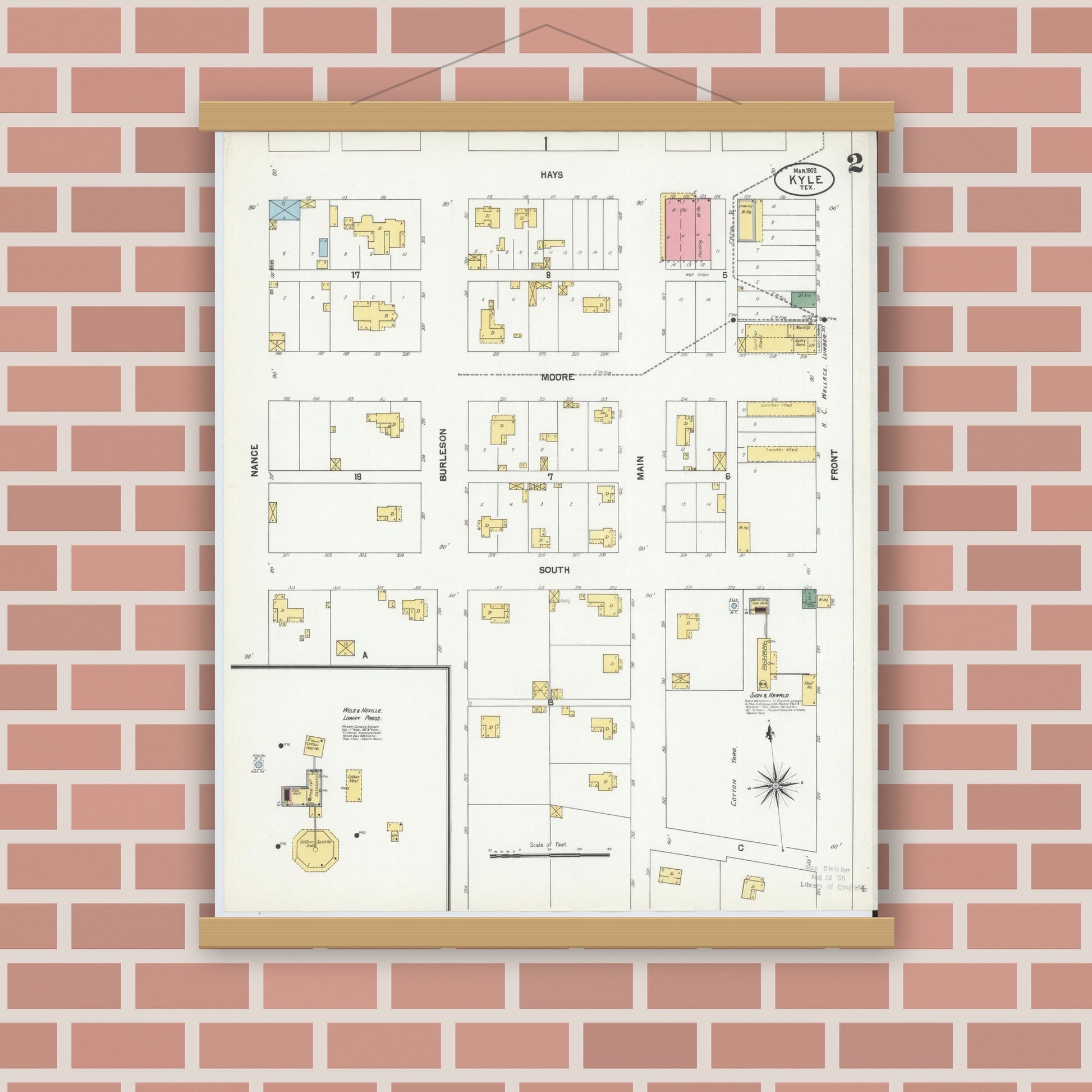 Old map wall art mockup — magnetic wood frame on brick wall — Sanborn Fire Insurance Map from Kyle, Hays County, Texas (1902), Sheet #0002