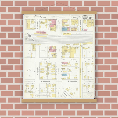 Old map wall art mockup — magnetic wood frame on brick wall — Sanborn Fire Insurance Map from Harvard, McHenry County, Illinois (1912), Sheet #0002