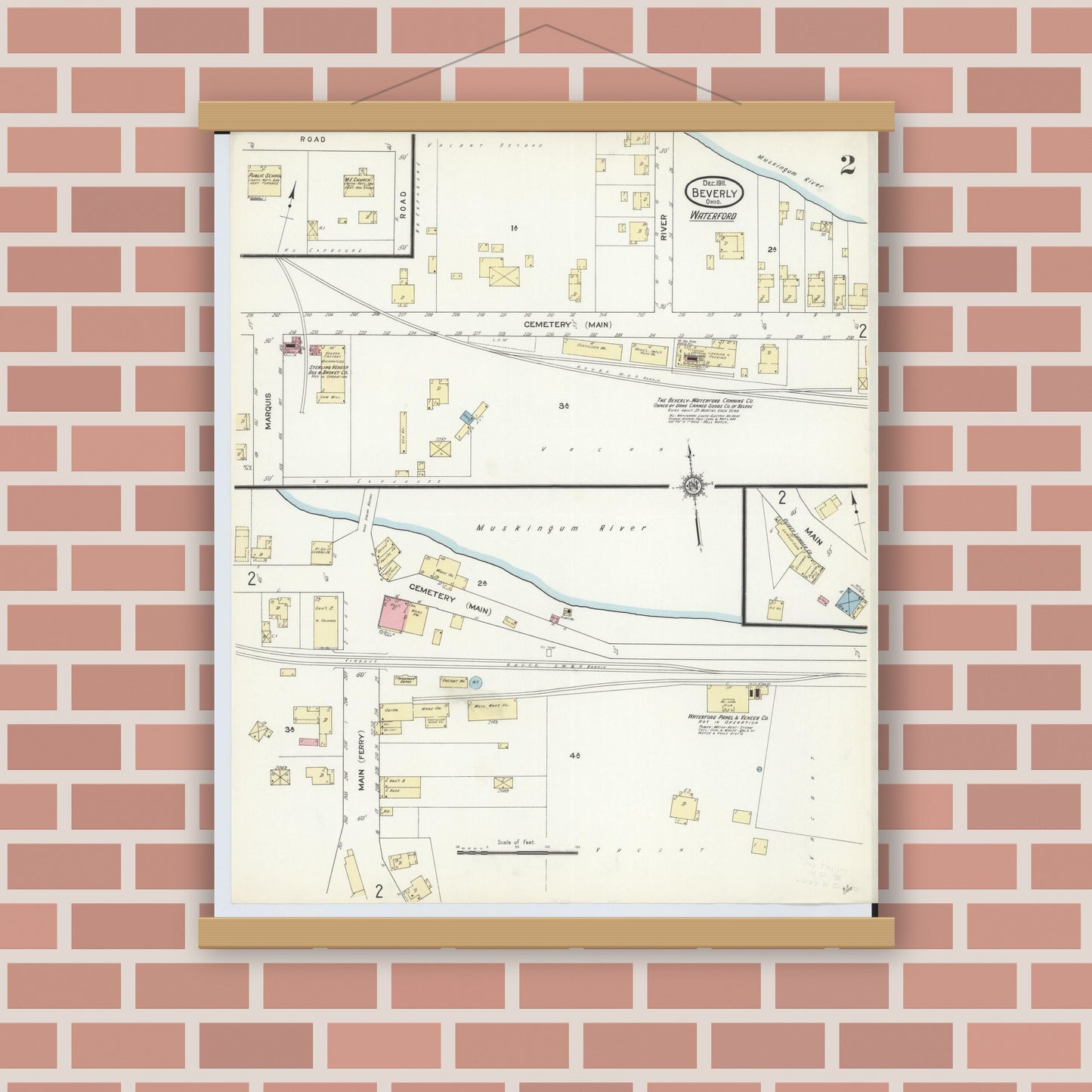 Old map wall art mockup — magnetic wood frame on brick wall — Sanborn Fire Insurance Map from Beverly, Washington County, Ohio (1911), Sheet #0002