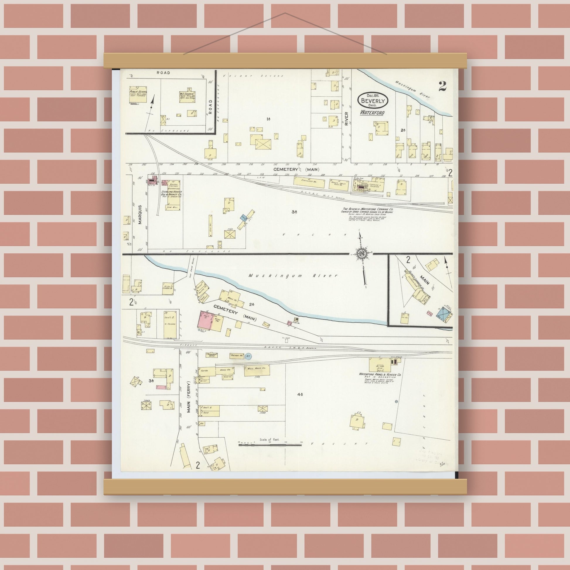 Old map wall art mockup — magnetic wood frame on brick wall — Sanborn Fire Insurance Map from Beverly, Washington County, Ohio (1911), Sheet #0002