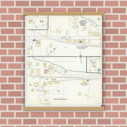 Old map wall art mockup — magnetic wood frame on brick wall — Sanborn Fire Insurance Map from Beverly, Washington County, Ohio (1911), Sheet #0002