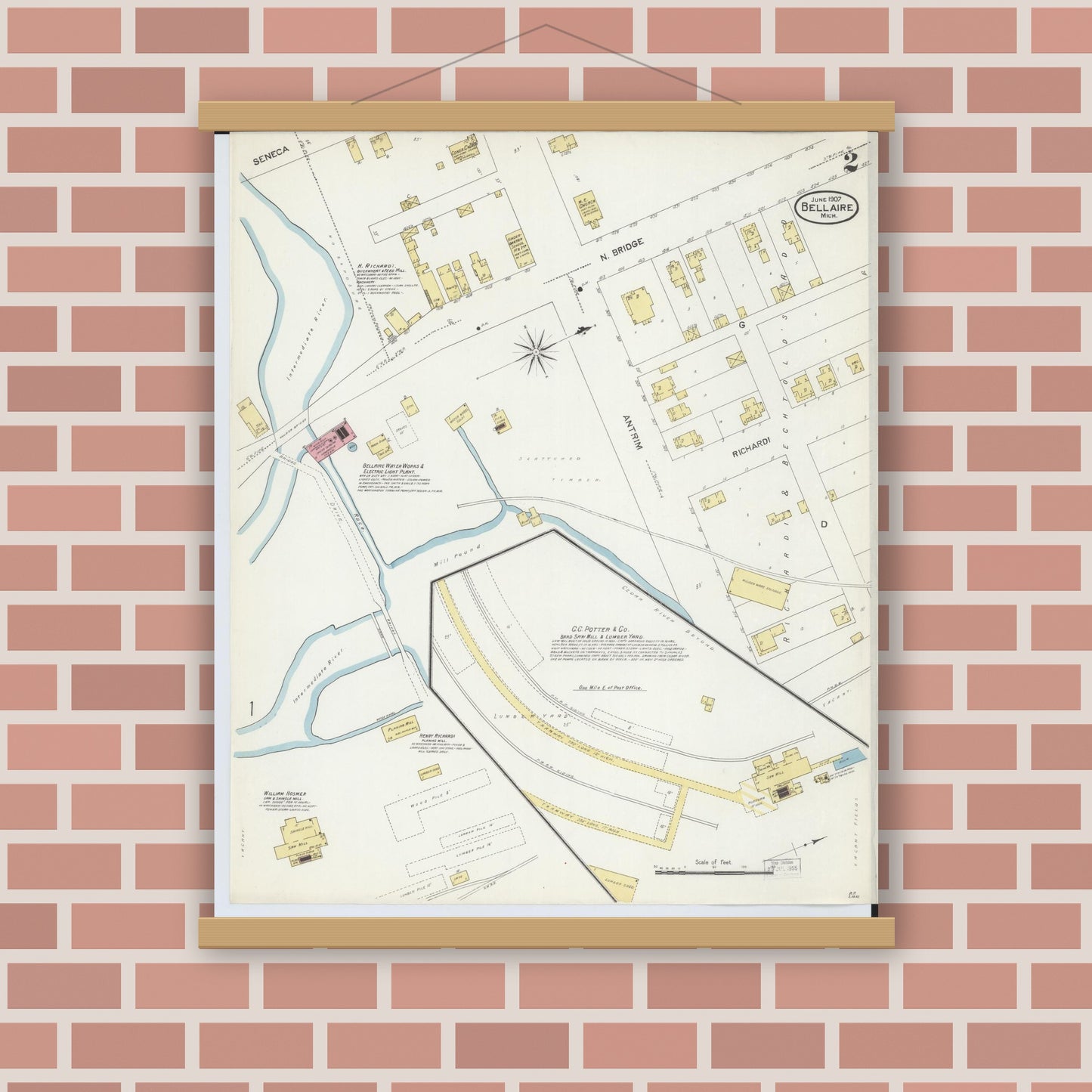 Old map wall art mockup — magnetic wood frame on brick wall — Sanborn Fire Insurance Map from Bellaire, Antrim County, Michigan (1907), Sheet #0002