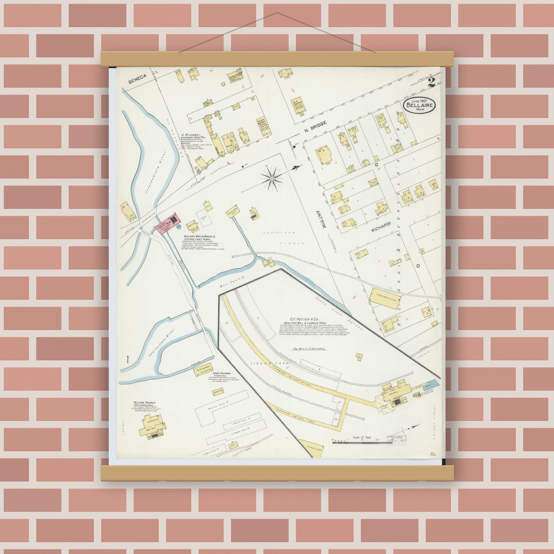Old map wall art mockup — magnetic wood frame on brick wall — Sanborn Fire Insurance Map from Bellaire, Antrim County, Michigan (1907), Sheet #0002