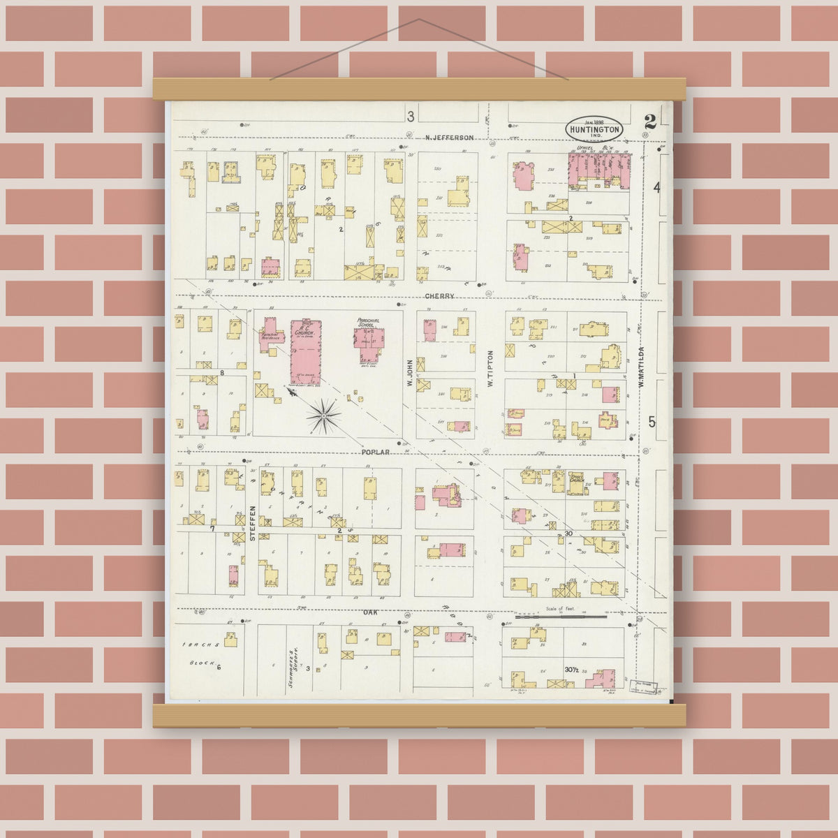 Old map wall art mockup — magnetic wood frame on brick wall — Sanborn Fire Insurance Map from Huntington, Huntington County, Indiana (1898), Sheet #0002