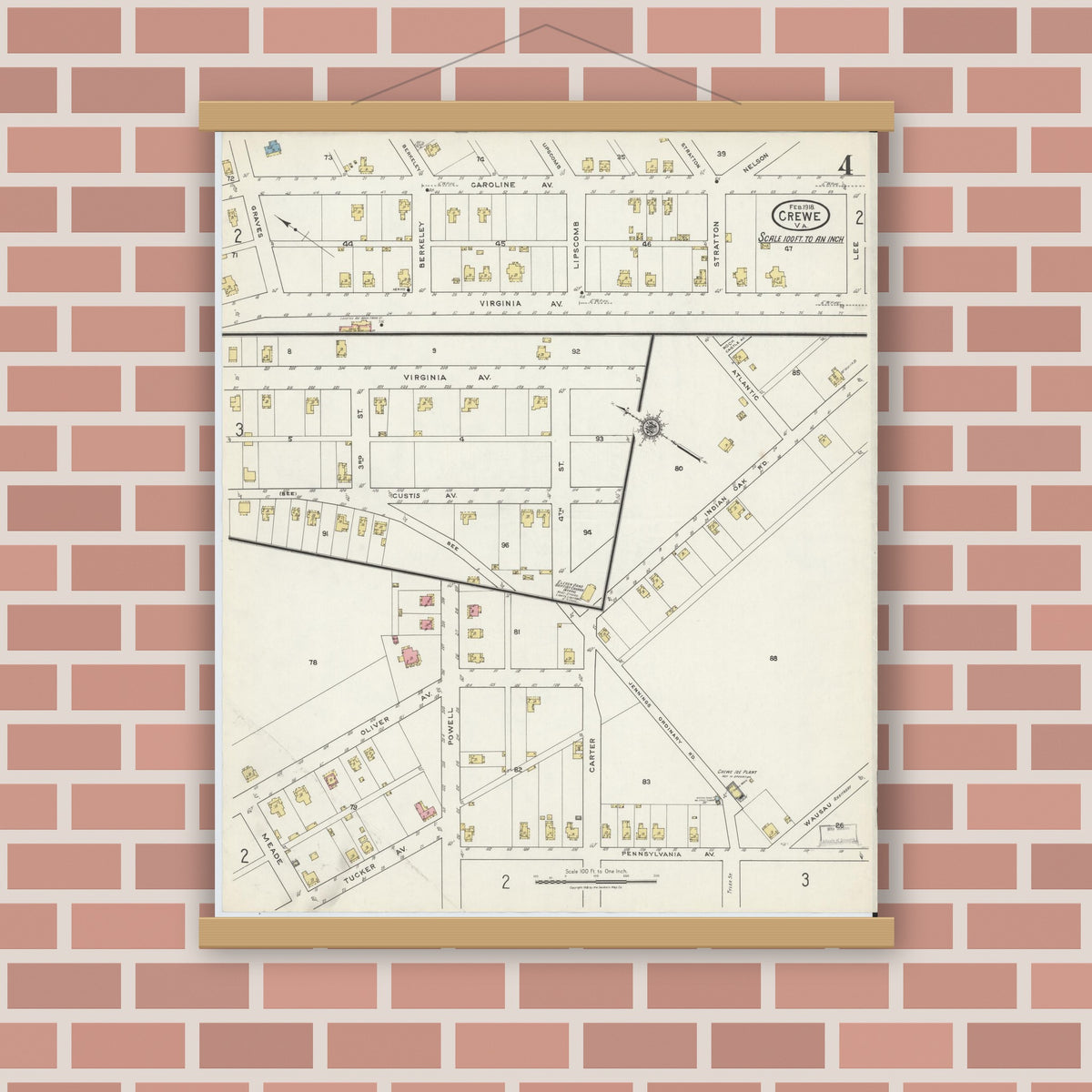 Old map wall art mockup — magnetic wood frame on brick wall — Sanborn Fire Insurance Map from Crewe, Nottoway County, Virginia (1918), Sheet #0004