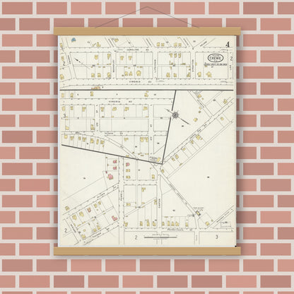Old map wall art mockup — magnetic wood frame on brick wall — Sanborn Fire Insurance Map from Crewe, Nottoway County, Virginia (1918), Sheet #0004