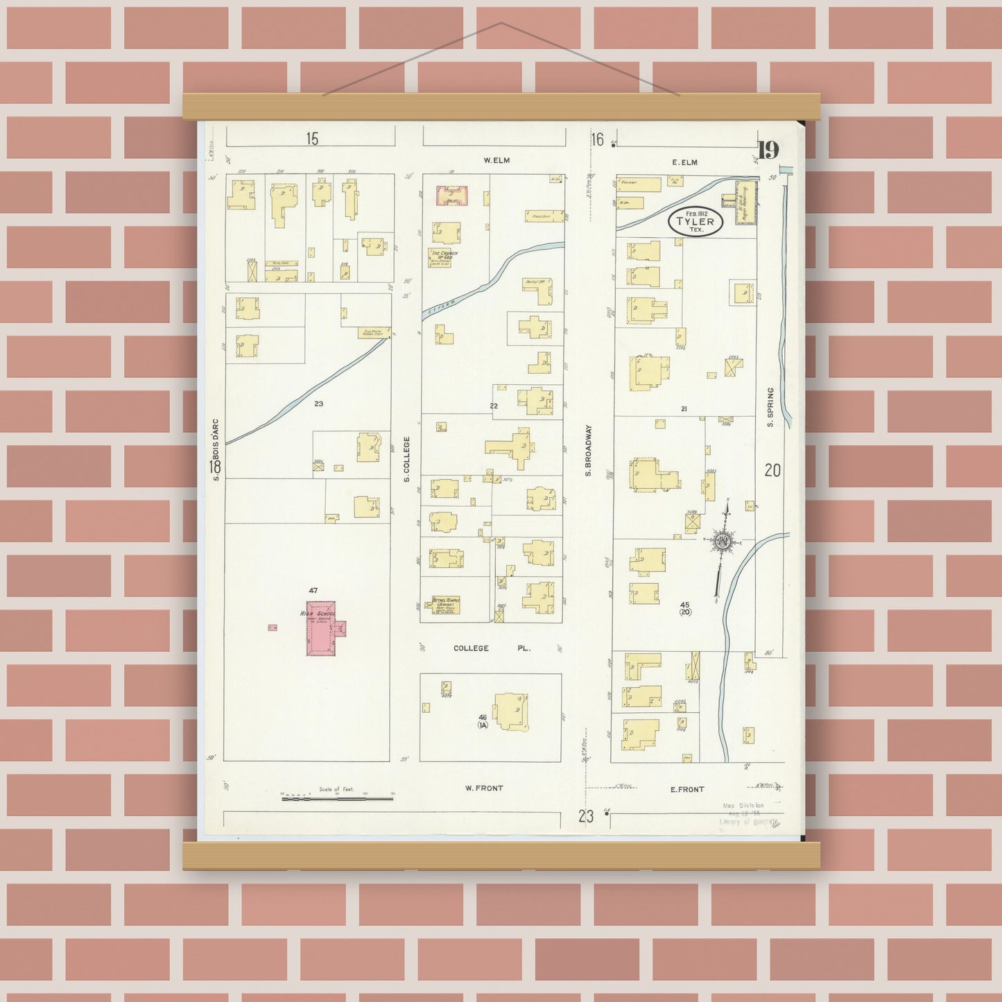 Old map wall art mockup — magnetic wood frame on brick wall — Sanborn Fire Insurance Map from Tyler, Smith County, Texas (1912), Sheet #0019