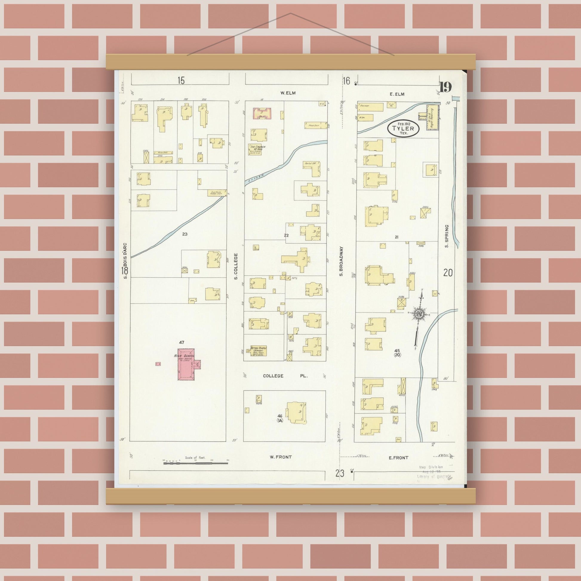 Old map wall art mockup — magnetic wood frame on brick wall — Sanborn Fire Insurance Map from Tyler, Smith County, Texas (1912), Sheet #0019