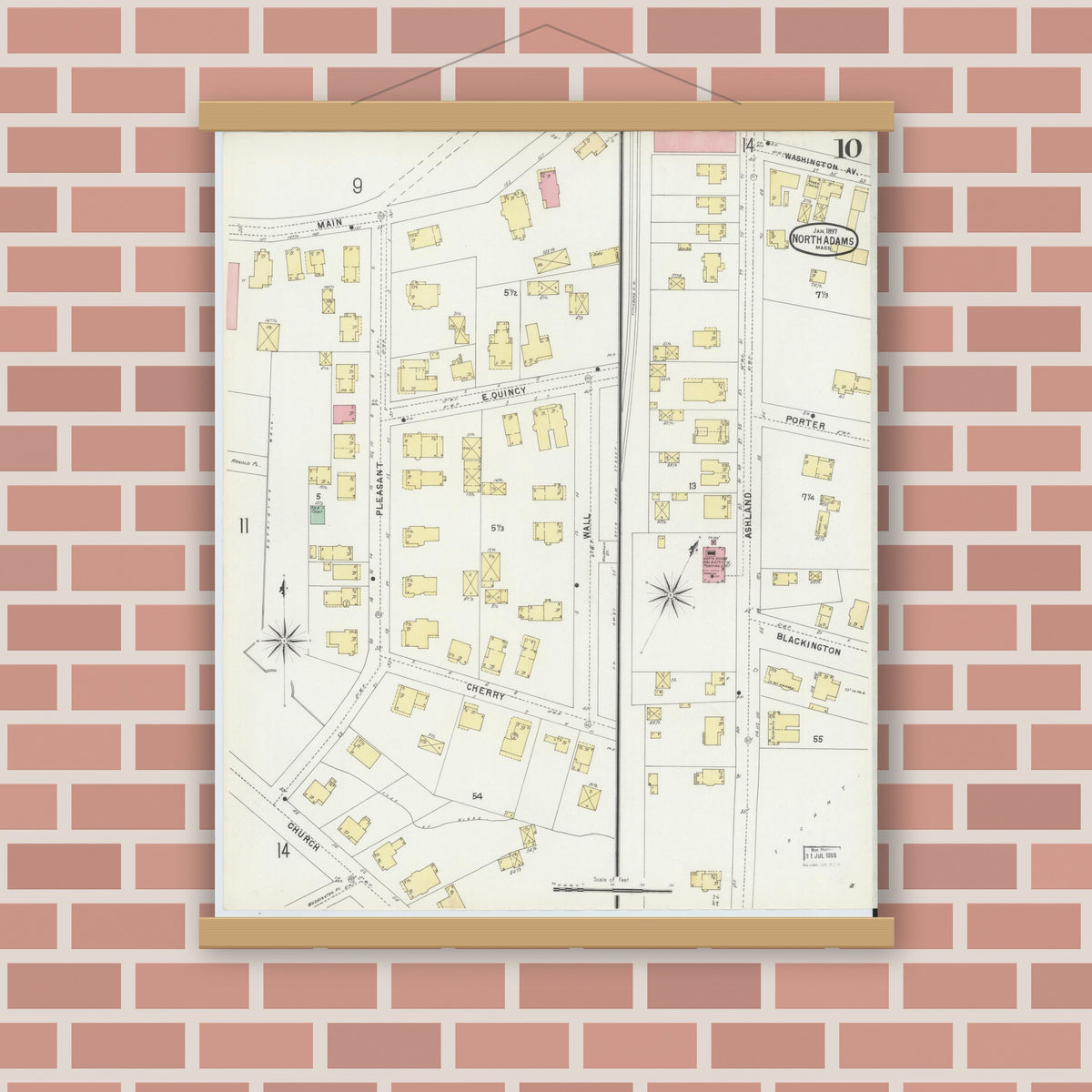 Old map wall art mockup — magnetic wood frame on brick wall — Sanborn Fire Insurance Map from North Adams, Berkshire County, Massachusetts (1897), Sheet #0010