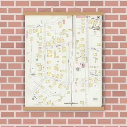 Old map wall art mockup — magnetic wood frame on brick wall — Sanborn Fire Insurance Map from North Adams, Berkshire County, Massachusetts (1897), Sheet #0010