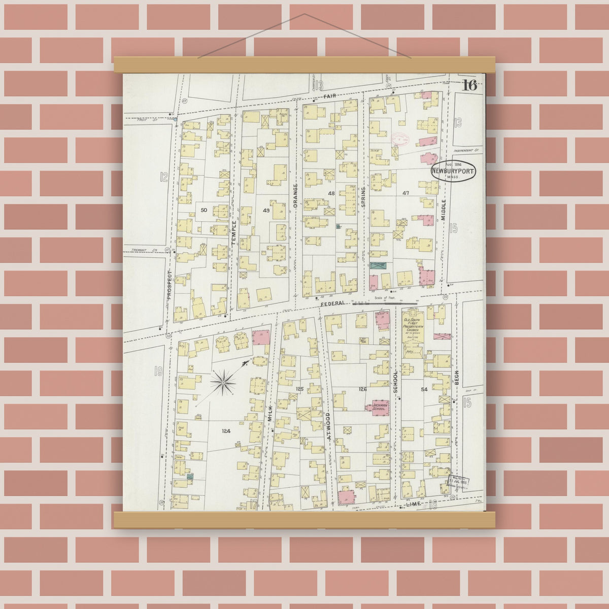 Old map wall art mockup — magnetic wood frame on brick wall — Sanborn Fire Insurance Map from Newburyport, Essex County, Massachusetts (1894), Sheet #0016