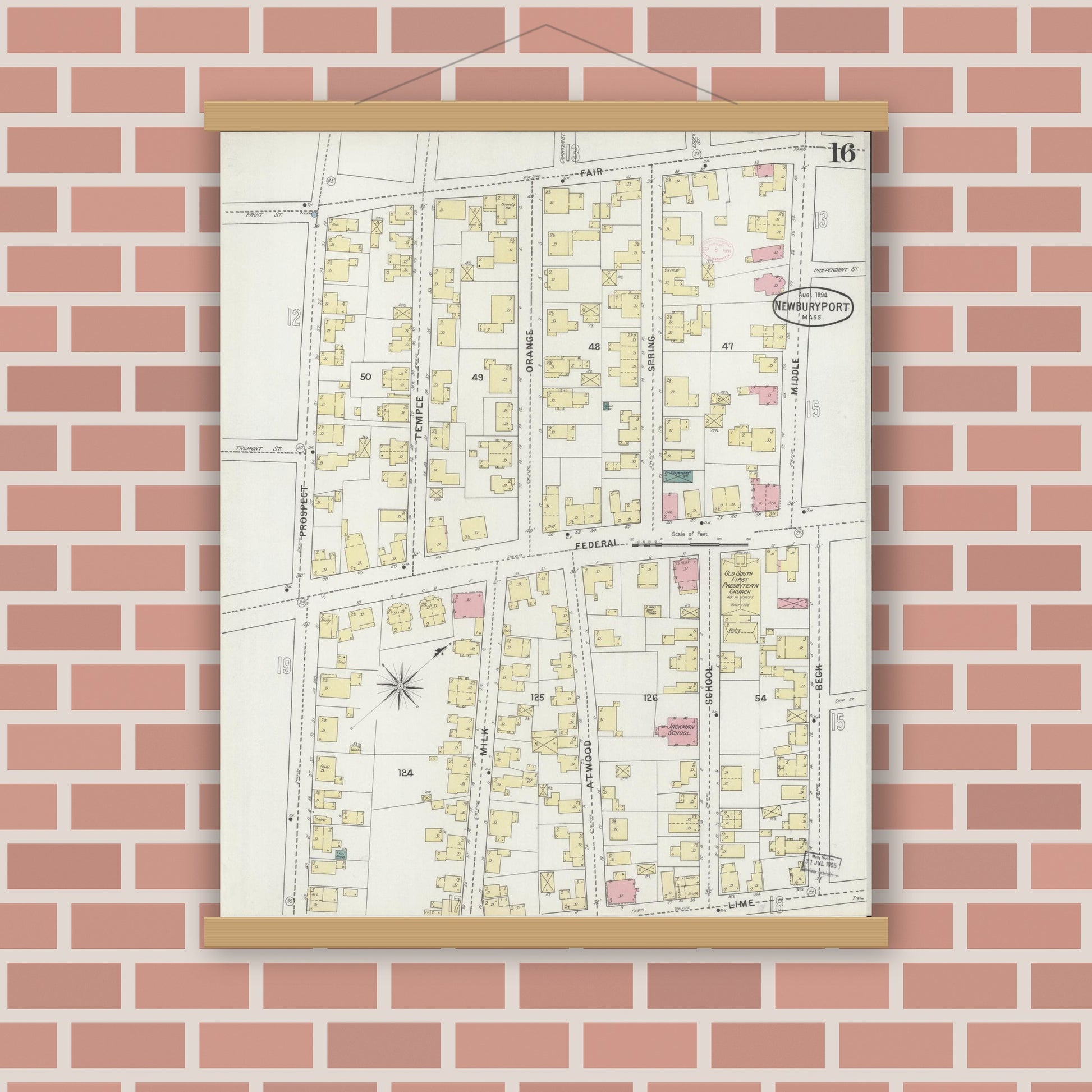 Old map wall art mockup — magnetic wood frame on brick wall — Sanborn Fire Insurance Map from Newburyport, Essex County, Massachusetts (1894), Sheet #0016