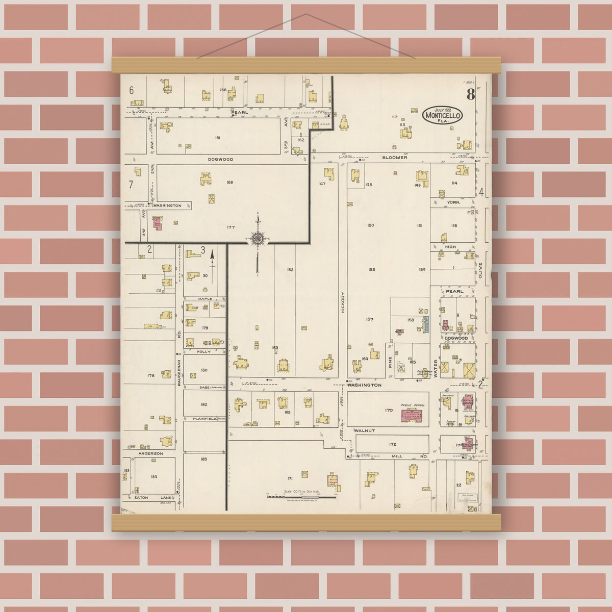 Old map wall art mockup — magnetic wood frame on brick wall — Sanborn Fire Insurance Map from Monticello, Jefferson County, Florida (1922), Sheet #0008